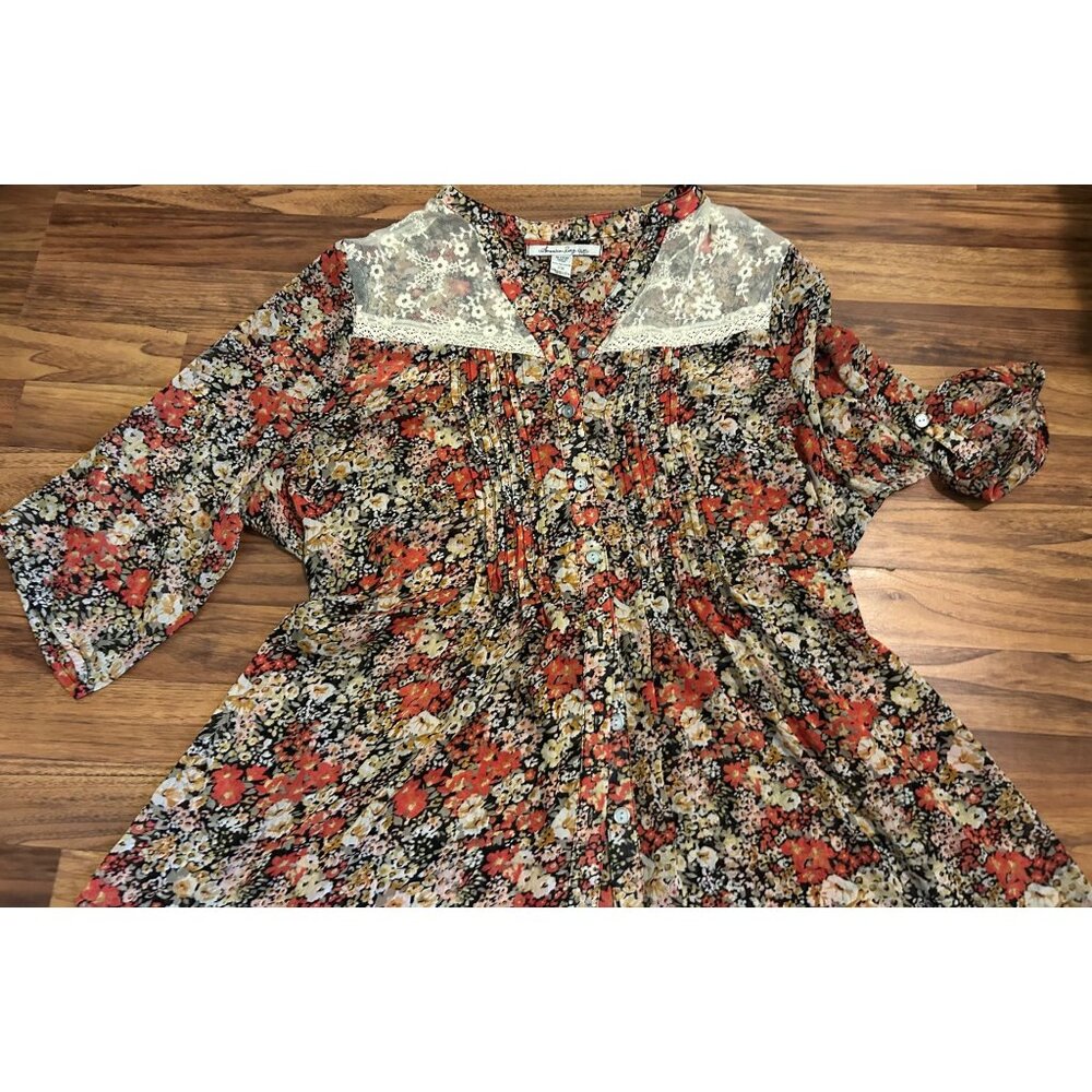 American Rag Cie Plus 2X Floral Boho Peasant Blouse Sheer Lace Yoke Button Front - Picture 2 of 15